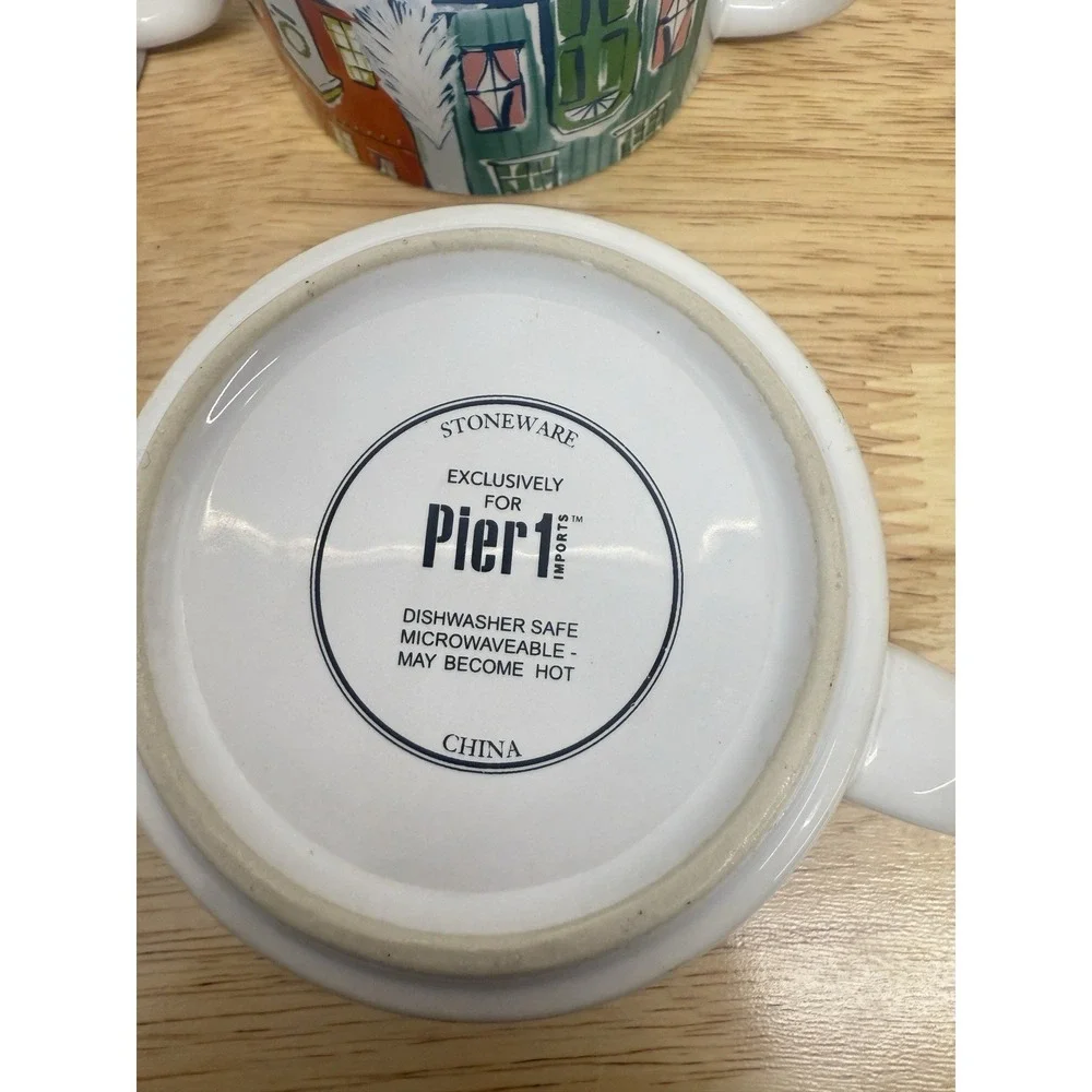 Set of‎ 4 PIER 1 Christmas Stackable Stoneware Mugs Village scene Vintage #25
